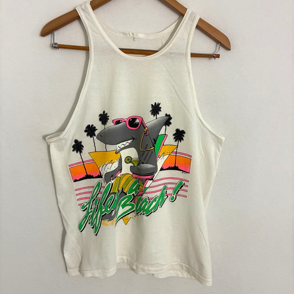 Vintage 80s Lifes A Beach Tank Top Fits S Sleeveless Shark Single Stitch Beach